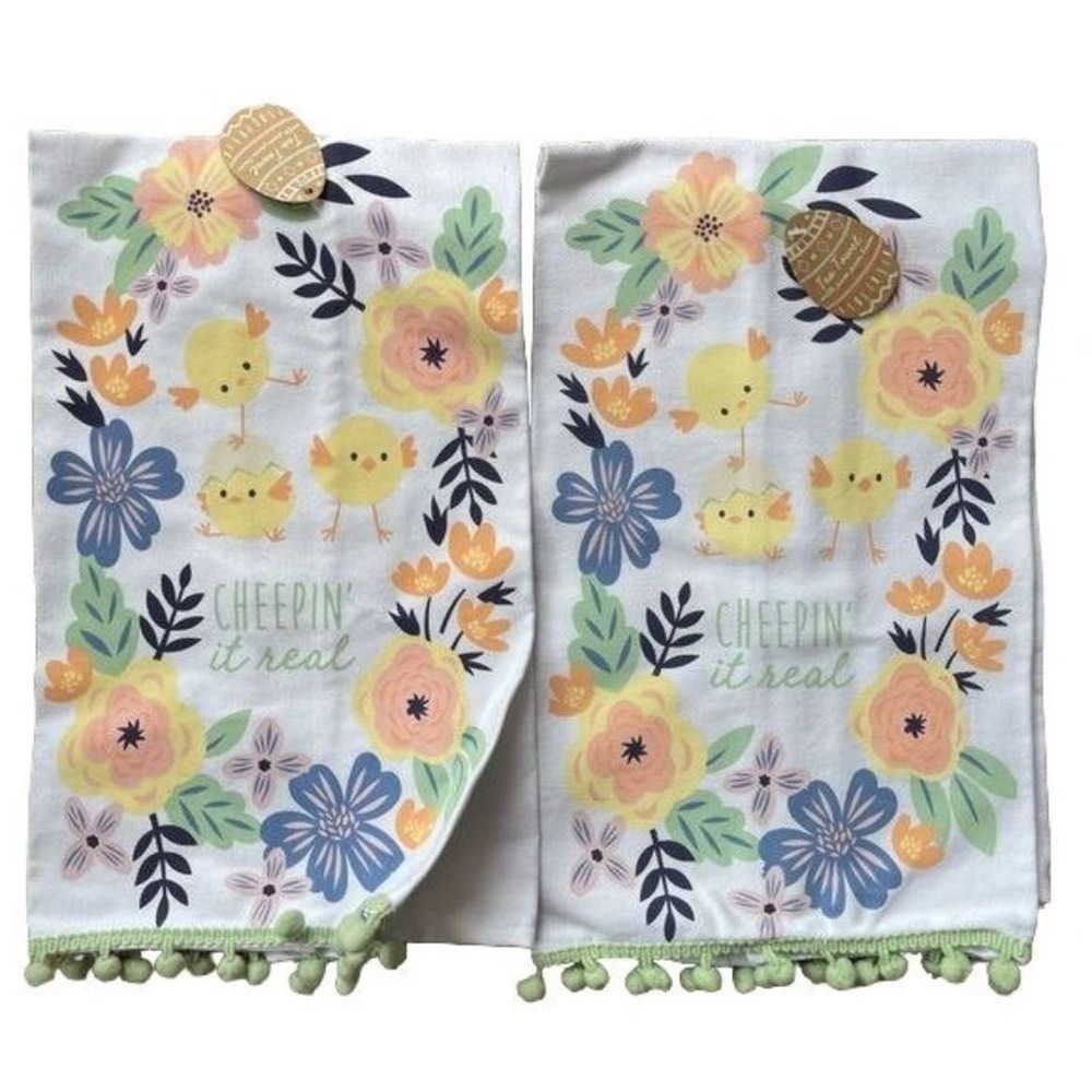 Easter Tea Towels Set of 2 Cheepin It Real Chicks Eggs Pastels Ball Fringe Gift